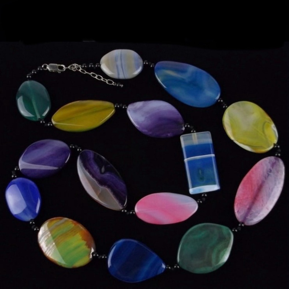 New Boxed Designer Big Sterling Silver Multi Agate Necklace 32"